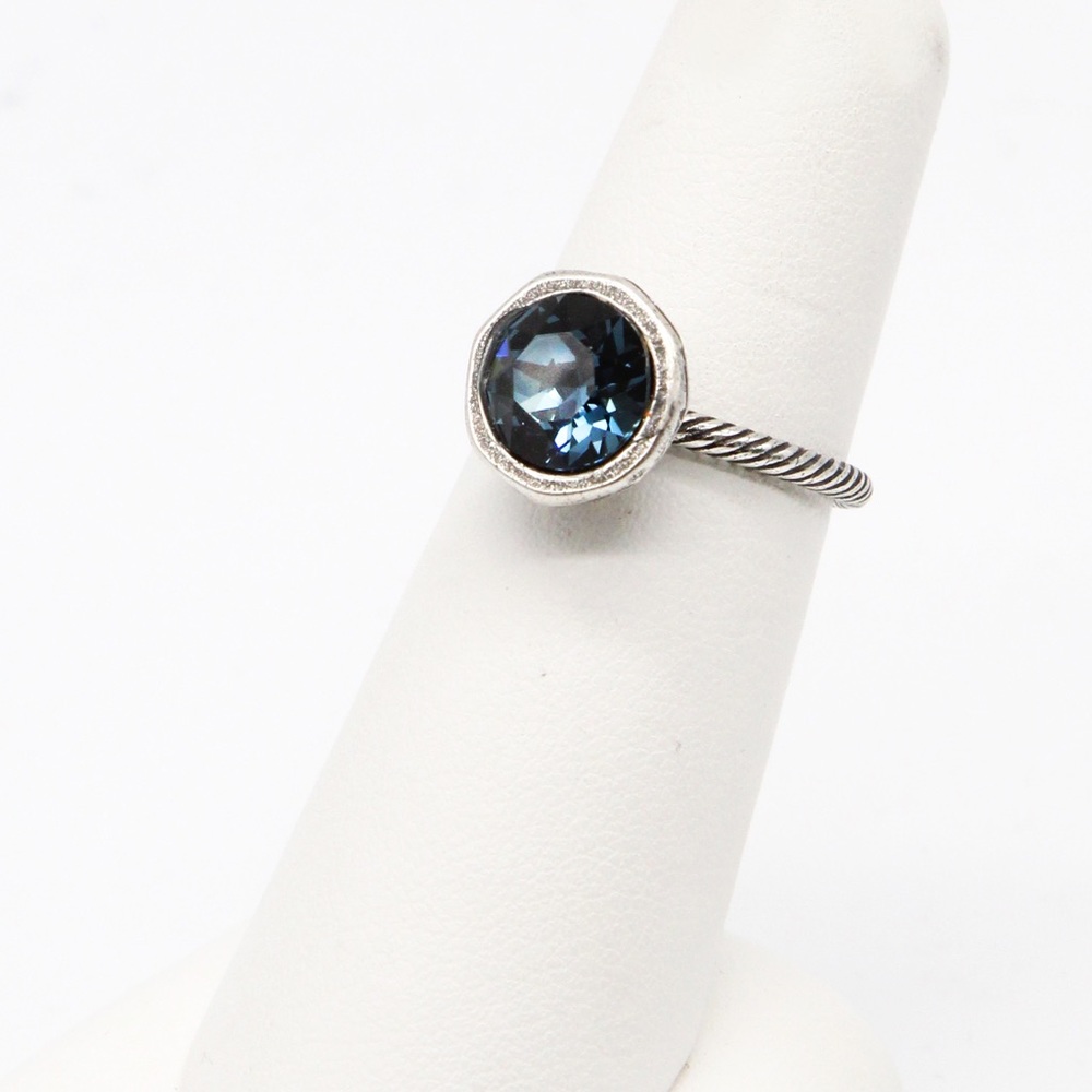 Blue Faceted Solitaire Ring | Cable Band | Silver Tone | Minimalist  Ring - Picture 3 of 6